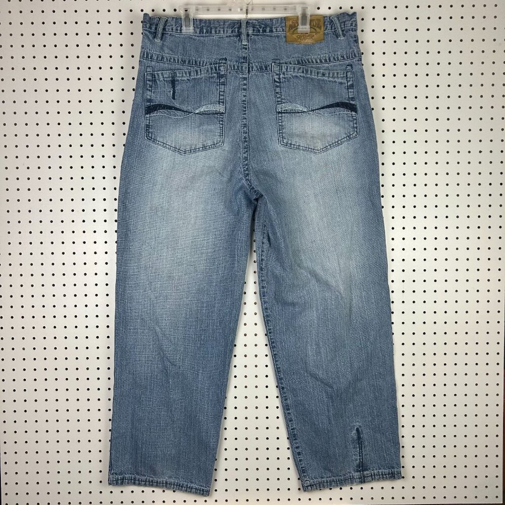 Attitude Y2K Baggy Jeans 38x31 Light Wash Stitched Embroidered Wide Leg Blue 90s